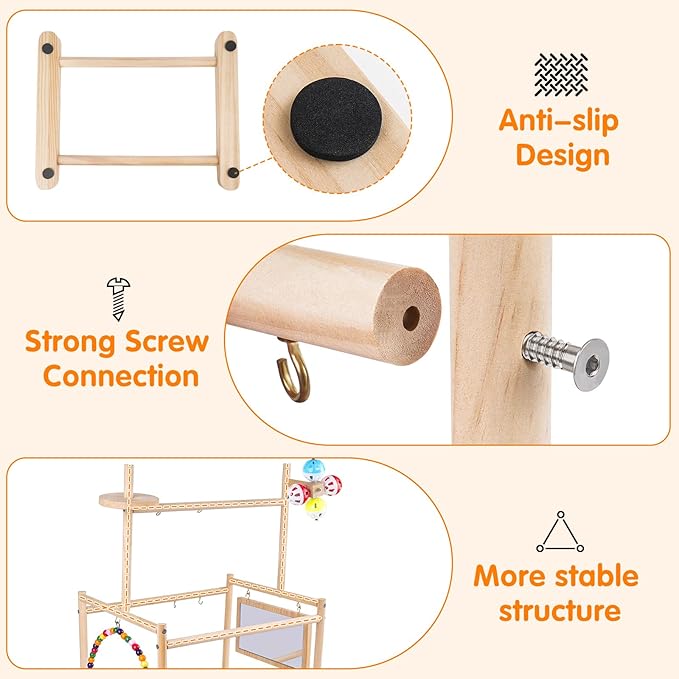 Bird Playground, 3 Tier Bird Perch Stand Parrot Playground Bird Tree with Parakeet Toys, Bird Ladder & Swing, Feeder Cups, Parakeet Mirror, and Removable Tray for Small to Medium Birds