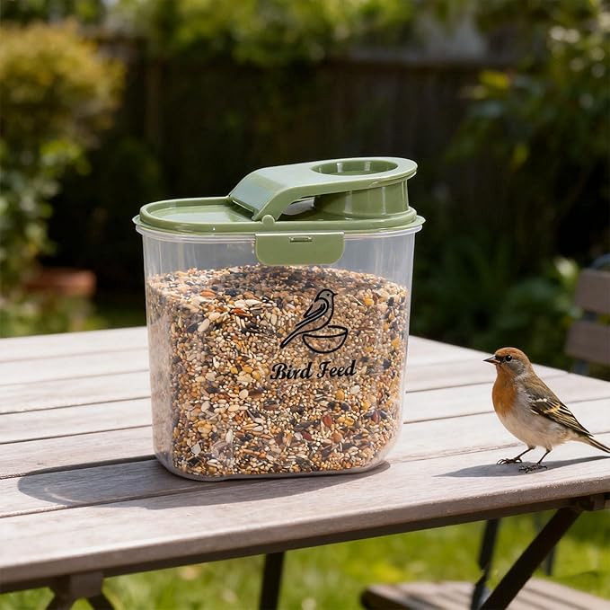 2.1 Qt/2 L Bird Seed Storage Container with Flip Lid & Pour Spout, 2 Pcs Airtight Bird Food Container with Scale for Sunflower Seeds, Portable Travel Kibble Storage Dispenser for Small Animal