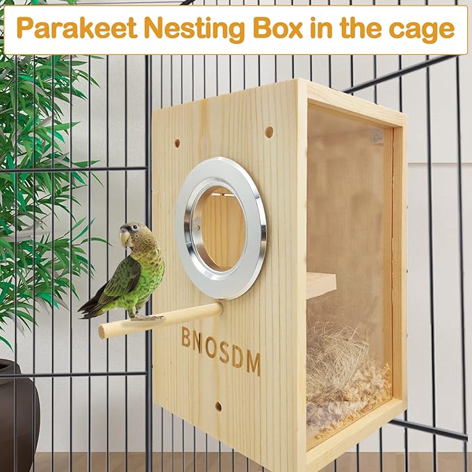 BNOSDM Parakeet Nesting Box Transparent Bird Breeding Nest Boxes Natural Wood Bird Cage House with Coconut Fiber for Small Conure Lovebirds Finch Parrot Canary