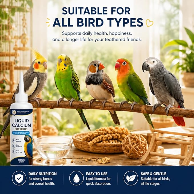 Liquid Calcium for Birds, Calcium Drops with Vitamin D3 for Parrots, Cockatiels & Budgies, Bird Calcium Supplement for Strong Bones, Healthy Feathers & Daily Nutrition, 3.38 FL OZ