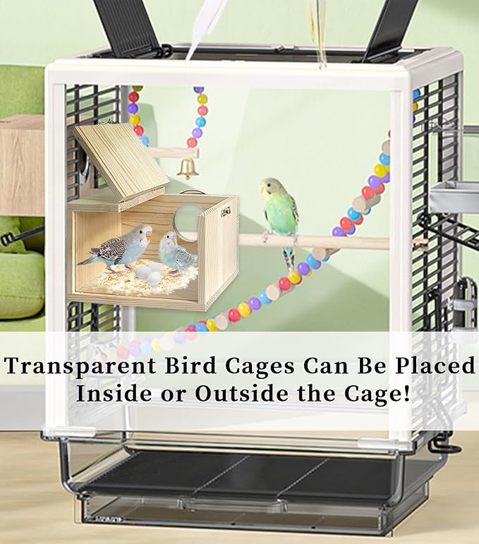 Large Parakeet Nesting Box for Cage,Transparent Bird Breeding Box Acrylic Parakeet Nest Natural Wood Bird Cage House for Parrot Cockatiel Budgies Canaries Lovebirds (L)