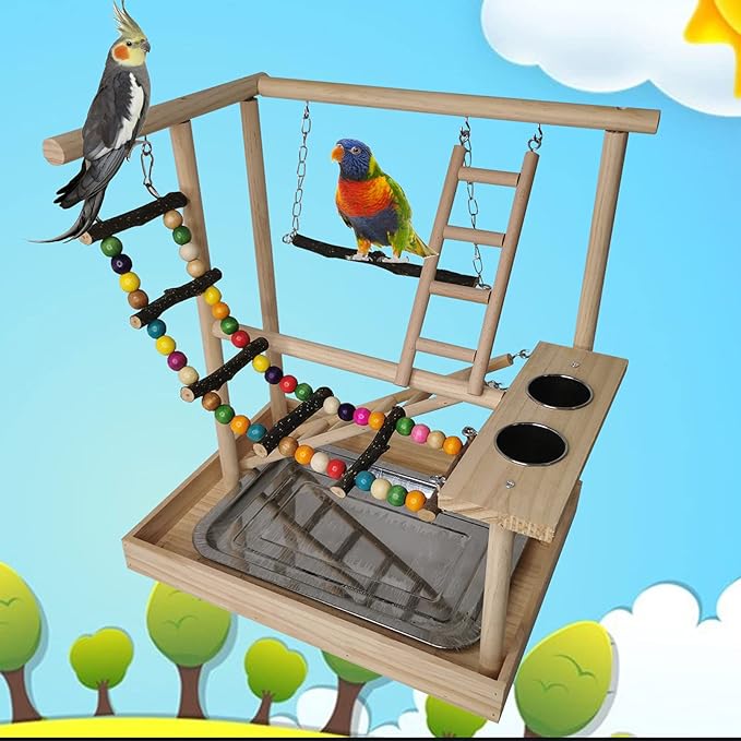 Hamiledyi Parrots Playground Bird Play Gym Wood Perch Stand Colours Climb Ladders Swing Chewing Toys with Parakeet Feeding Cups Exercise Activity Center for Conure Cockatiel Lovebirds(Include a Tray)
