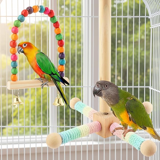 Hanging Bird Perch Toy, Parrot Interactive Rotating Perch, 360°Silent Free-Spin, Wooden Bird Cage Accessories for Standing, Climbing and Perching