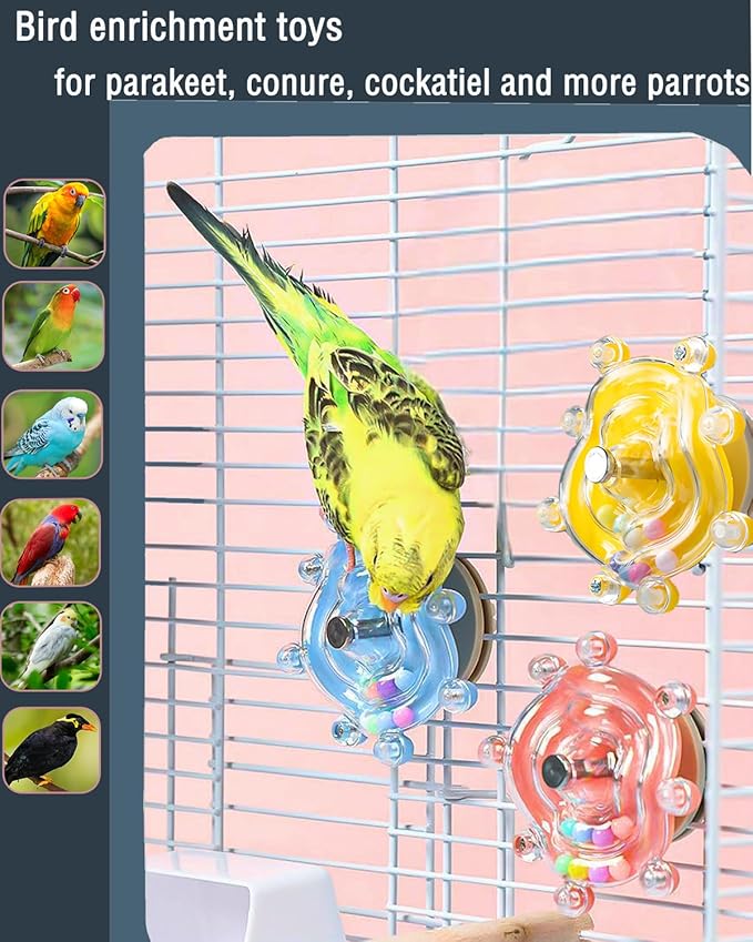Conure Toys, 3PCS Bird Rotating Wheel Toy Cockatiel Spinning Rattle Toys Parrot Cage Accessories for Small-Medium Birds, Blue/Yellow/Pink