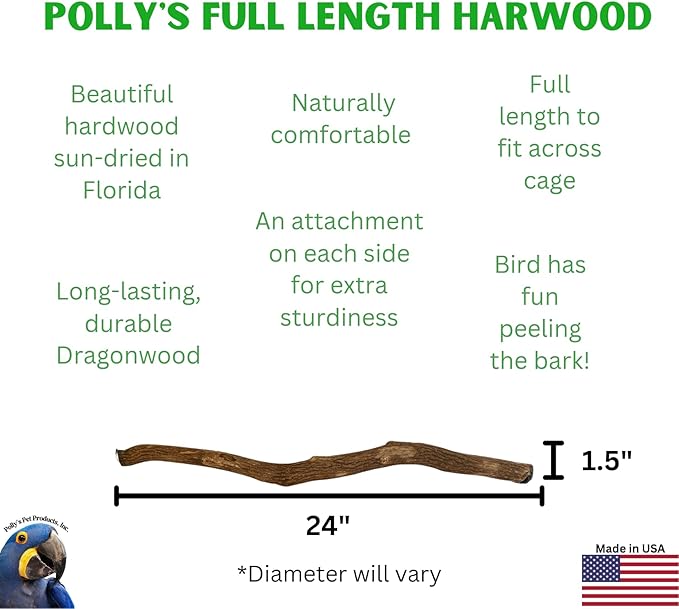 Polly's Full Length Hardwood Cage Perch for Parakeets, Cockatiels, Cockatoos, Macaws, and Other Birds (24")