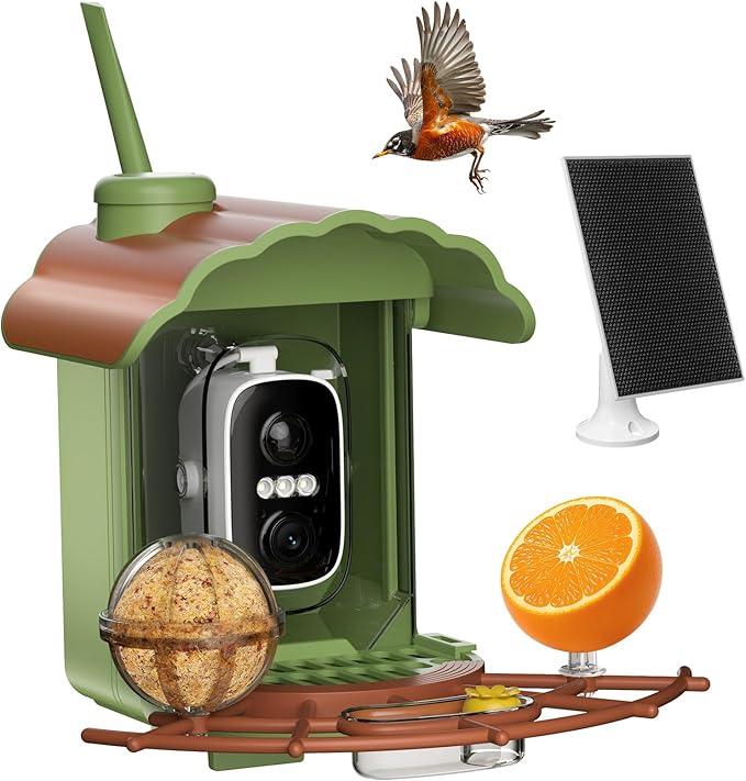 Smart Bird Feeder with Camera Solar Powered: 2K HD Video Wireless Outdoor Bird House Camera, AI Bird Species Identification & Arrival Alerts, Ideal Gift for Bird Lovers - Green