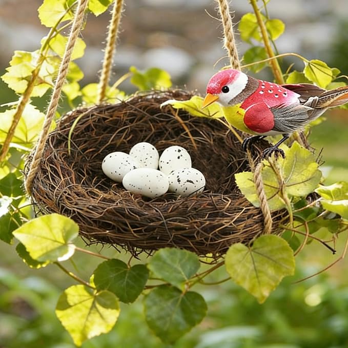 6Pcs 12" Large Artificial Bird Nests with Eggs for Crafts,Handmade Natura Rattan Birds Nest for Spring Decoration Props Garden Yard Home(1 Large Size Nest, 5pcs Eggs)
