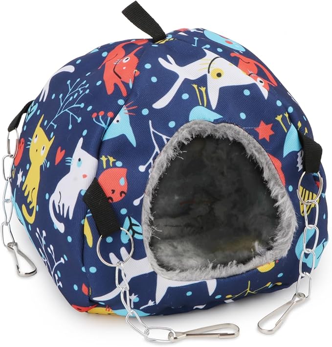 Wontee Bird Plush Hammock Parrot Hanging Snuggle Cave Happy Hut Tent for Parakeet Cockatiel Conure Lovebird Budgie Hamster Gerbil Rat Chinchilla Squirrel Cage (S, Blue Cat)