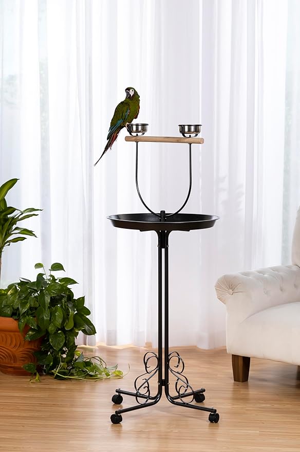 Prevue Pet Products Parrot Play Stand with Wheels - Rolling Bird Perch Center with Food & Water Bowls, Indoor & Outdoor Stand for Birds with Wheels, Enrichment Accessories - Black