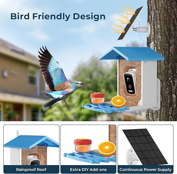 Bird Feeder with Camera, 2.5K HD Smart Bird Feeder Cam Outdoor with AI Recognition, Instant Arrival Alerts, Auto Capture Birds Videos, IP66 Waterproof Solar Powered, Ideal Gift