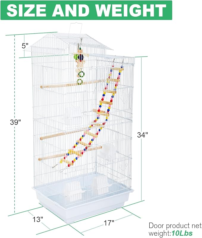 HCY 39 Inches Bird Cage Roof Top Large Flight Parrot Bird Cage with Toys for Small Medium Birds, Cockatiel,Parakeets,Parrot,Lovebirds, Finch,Canary Pet Bird Cage(White)