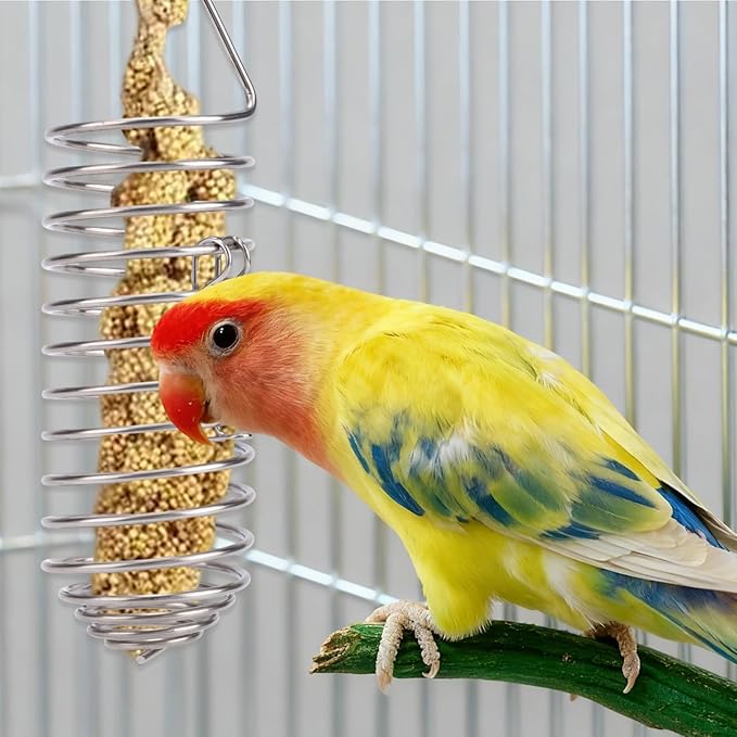 3pcs Bird Treats Holder, Stainless Steel Parrot Food Holder Hanging Basket Cage Accessories Bird Foraging Chew Toy Corn Cob Fruit Vegetable Millet Feeder for Macaw Cockatoo Parakeet Canary