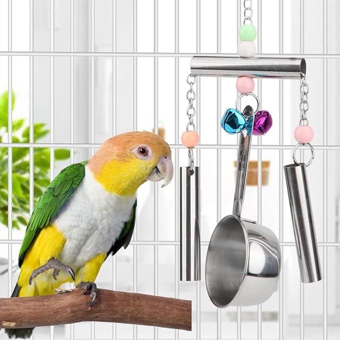 Hypeety Stainless Steel Bird Bell Toys Heavy Duty Hanging Spoons Rings Safe Metal Cage Hanging Bells Toy for Cockatoos Macaws African Grey Large Parrots and Birds (Bells+Spoon)
