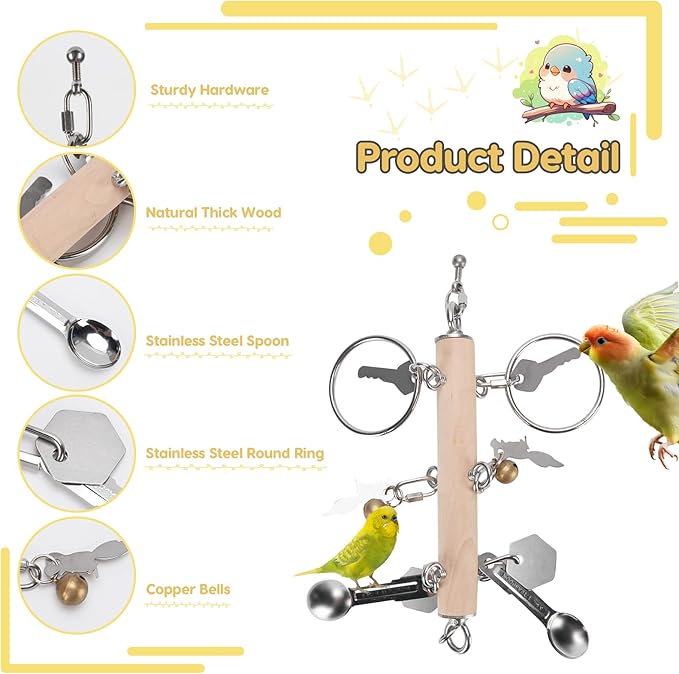 VINGVO Parrot Bird Toys with Metal Spoons, Stainless Steel Keys Rings Toy, Intelligence Development Crisp Sound Toys for Amazons Mini Medium Large Macaws African Greys Cockatoos Eclectus