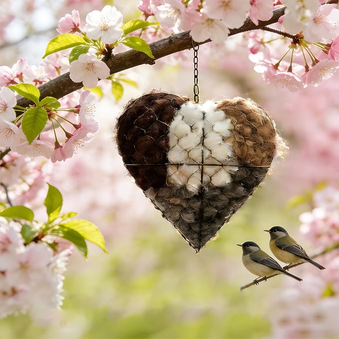 Handmade Alpaca Fiber Bird Nesting Heart, Refillable Birds Nests Material Holders for Outside,Heart Shape Design, Winter Fowl Gifts Animal Hummingbirds Lovers Home Garden Yard(1 Set)