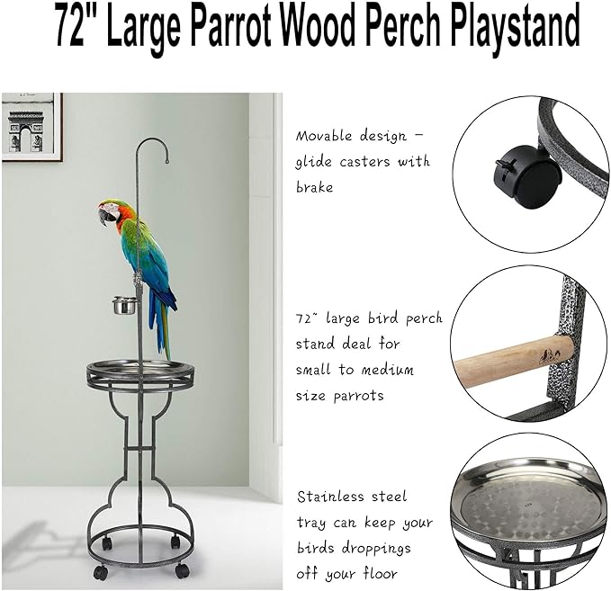 COZIWOW 72" Parrot Stand,Stainless Steel Tray Bowls Large Bird Playstand,Parrot Perch with Easy Grip,Wrought Iron Bird Stand with Toy Hook,Macaw Play Gym Ground Stand Rolling Wheel,Pet Gift