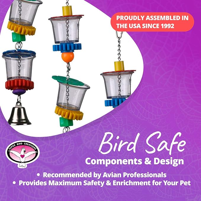 Super Bird Creations SB632 Foraging Bottom’s Up Bird Toy with Clear Acrylic Cups, Medium/Large Bird Size, 18” x 2.5”
