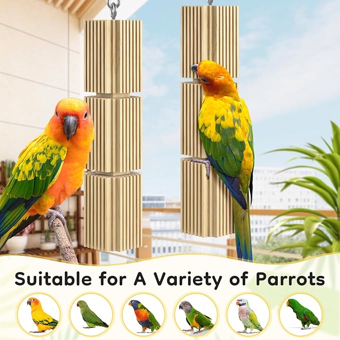 DBNESS 2 PCS Bird Chew Toys, Natural Hanging Parrot Foraging Beak Grinding Wood Chewing Blocks for Medium Quaker Caique Conure Cockatiel African Grey Birds Cage Accessories Similar Sized Pet Birds