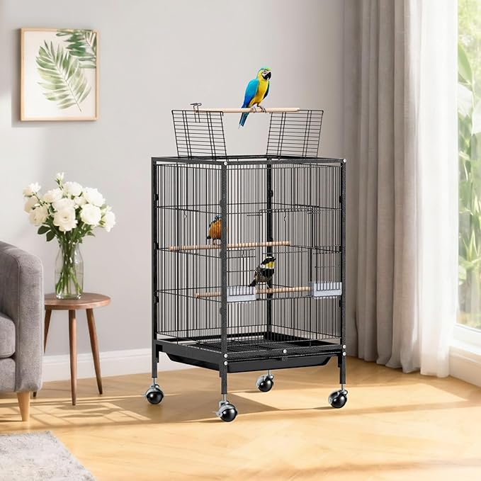 VINGLI 38-inch Bird Cage with Wheels, Durable Wrought Iron Parakeet Cage with Slide Out Tray, Black Bird Cages for Parakeets/Lovebird/Cockatiels/Budgies and Other Small/Medium Birds (Medium-38 inch)