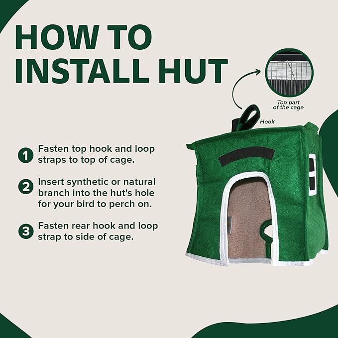 Crazy K Farm - Avian Haven Bird Hut, Comfy Bird Snuggle Hut, Plush Pet Bird Hut for Sleeping and Snuggling, Hanging Bird Cage Hut with Sherpa, Cozy Bird Cage Accessories Large, Green