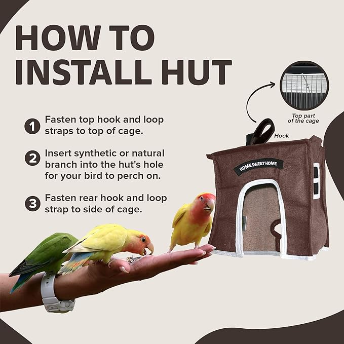 Crazy K Farm- Avian Haven Bird Hut, Comfy Bird Snuggle Hut, Plush Pet Bird Hut for Sleeping and Snuggling, Hanging Bird Cage Hut with Sherpa, Cozy Bird Cage Accessories Extra Small, Brown