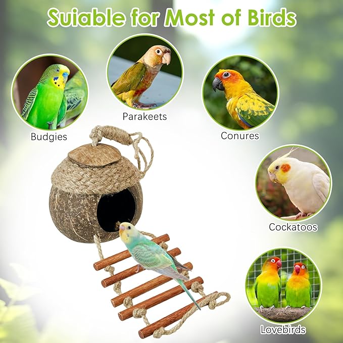 Tfwadmx Coconut Bird Nest Hut with Ladder Natural Coconut Fiber Shell Hanging Coco Birds House Parrot Cage Decor for Parrot Parakeet Lovebird Finch Canary