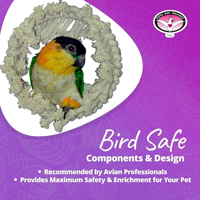 Super Bird Creations SB130 Snuggle Ring Bird Toy - Comforting Cotton Rope Hideaway - Durable Steel Ring, Safe Cage Attachment - Ideal for Cockatiels, Parrots - Small/Medium Birds - 9" x 7" x 3"