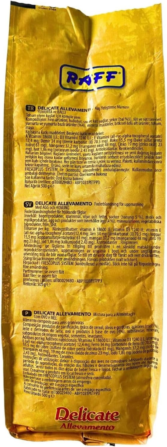 RAFF Delicate Allevamento 500g Bird Food - Nutritious Egg and Honey Paste Bird Treat for Canaries, Parakeets, Finches, Cockatiels, and Lovebirds - Supports Breeding and Year-Round Health