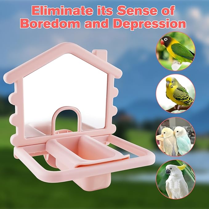 3 in 1 Bird Mirror with Perch Stand,Parrot Mirror for Cage,Bird Swing Toys for Cockatiels,Lovebirds,Conures,Parakeets-Helps Birds Release Stress (Pink)