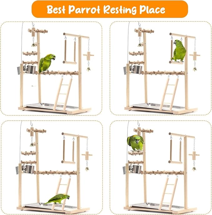 Parrot Bird Playground,Bird Play Gym Wood Perch Stand with Feeder Cups & Tray,Exercise Activity Center with Ladder Swing Bells,Bird Cage Accessories for Lovebirds Cockatiel Parakeet