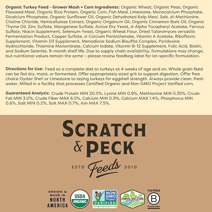 Scratch and Peck Feeds Whole Grain Grower Mash + Corn Turkey Feed - 40 lbs Bag - Soy-Free - 20.5% Protein, Certified Organic and Non-GMO Project Verified Turkey Food