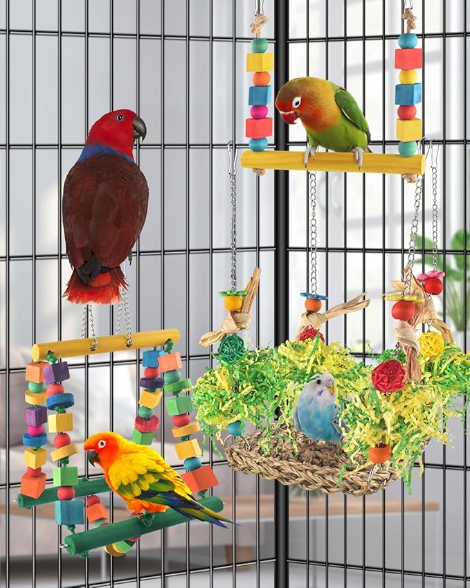 DBNESS Bird Hammock Toys Parakeet Perches Swing, 3in1 Detachable Parrot Cage Accessories, Wooden Hanging Chew Toys for Medium Conure Cockatiel Quaker Lory