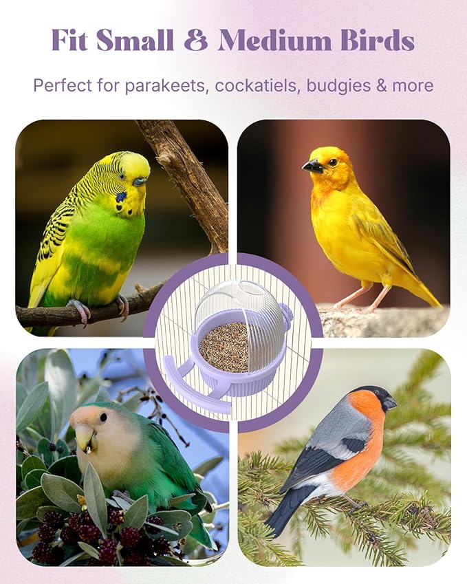 Pawfly No Mess Bird Feeder with Water Dispenser, Food and Water Bowl for Parakeet, Parrot, Cockatiel, Budgie and Lovebird, 4" D x 5.5" H Bird Cage Feeder