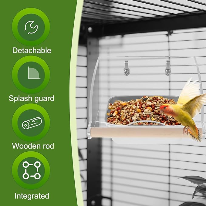 Bird Feeder for Cage,Transparent Parrot Feeder with Nonslip Wood Perch, Stainless Steel Birds Food Bowl Water Bowl, Bird Cage Seed Catcher for Small Medium Parakeet Cockatoos Lovebirds Budgies Conures