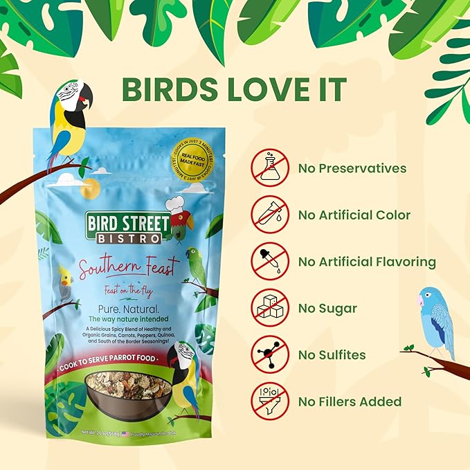 Parrot Parakeet Cockatiel Food - Bird Food - Cooks in 3-15 min with Natural Grains - Legumes - Non-GMO Fruits, Vegetables, & Health Orientated Spices (4.00 Pound (Pack of 1), Southern Feast)