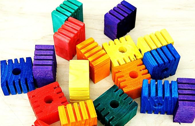 Parrot Bird Toy Parts Supply 18 Wooden Grooved Colored Blocks Cockatoo Mini Macaw Multicolor