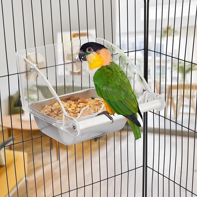 Hypeety Transparent Bird Feeder No Mess Parakeet Feeder for Cage Clear Bird Cage Feeders with Anti-Slip Perch Stainless Steel Food Bowl for Parakeets Parrots Budgies Lovebirds Cockatiels Conures