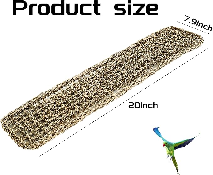20.5 x 7.9 Inches Bird Seagrass Mat, Natural Grass Woven Bird Net Hammock Mat, Climbing Rope Ladder Chew Toy, Bird Cage Accessories for Parrots, Psittacines, Cockatiels, Hamsters, Lovebirds(2 Pack)