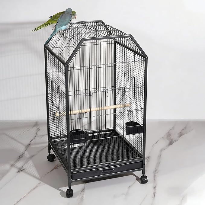 40inch Bird Cage with Rolling Wheels, Open-Top Parrot Cage Sturdy Iron Pet Bird Flight Cage Large Birdcage for Parrots Cockatiels Conure Budgie Canary (Black)
