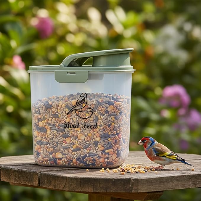 Bird Seed Storage Container, 2.1 Qt/2 L, Airtight, Flip Lid & Pour Spout, Bird Food Container with Scale for Sunflower Seeds, Portable Travel Kibble Storage Dispenser for Small Animal, Green