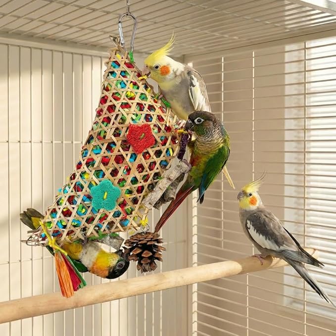 Parakeet Chewing Hanging Toy, Parrot Beak Toy Bird Foraging Toys with Natural Wood & Bamboo Shell, Cage Bite Toy for Small Parrots, Safe Bird Chewing Toys for Cockatiels Conures Lovebirds