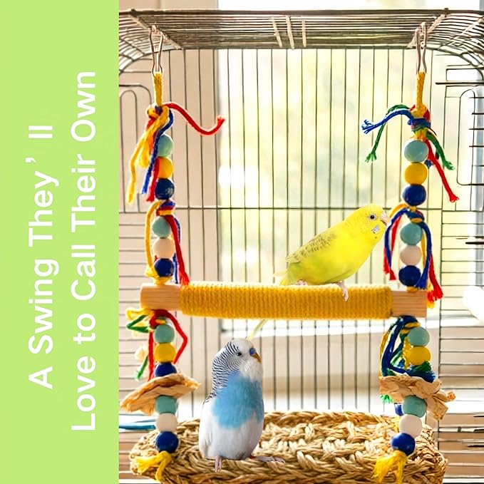 Parakeet Swing Toys,Natural Bird Grass Mat Toys Parrot Climbing Hammock with Perch Toys for Cockatiel, Sun Conure, Lovebird, Budgie