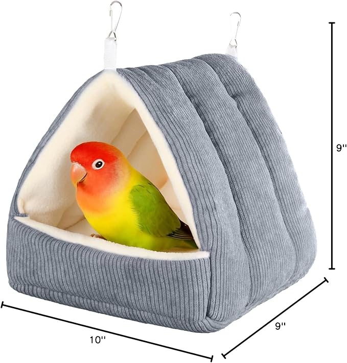 Small Winter Warm Bird Bed for Cage with Soft Plush Hanging Hammock & Hut Tent, Hideaway Sleeping Nest for Budgies, Cockatiels, Small Animals, and Guinea Pig Hideouts (Grey, S)
