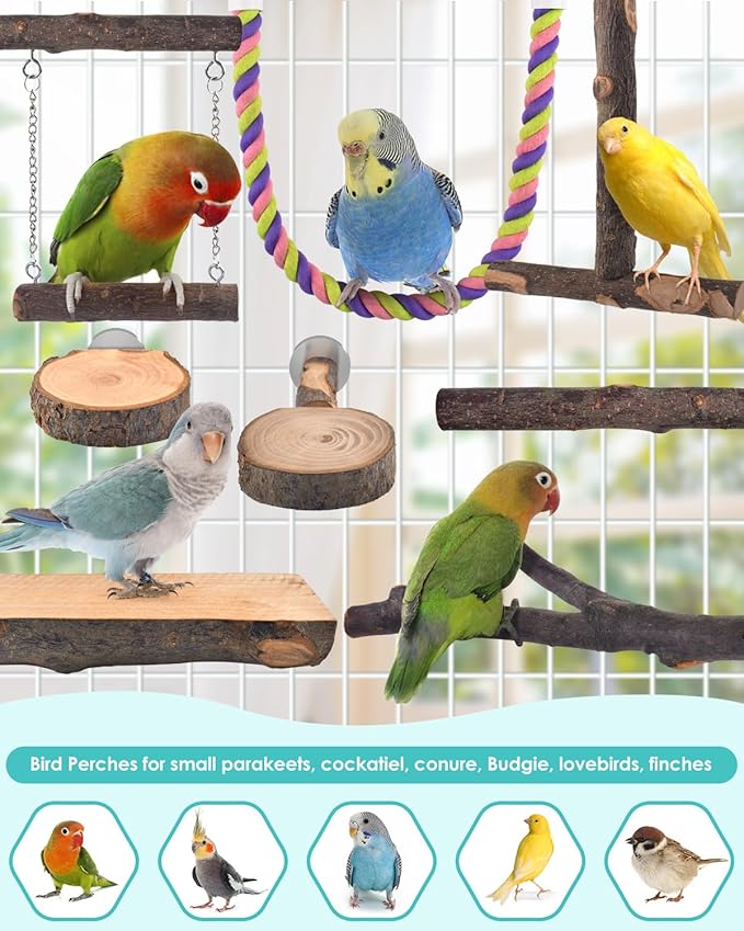 DBNESS Bird Perches, 8pcs Natural Wood Parrot Perch Stand Chewing Toys Cage Accessories Hanging Multi-Branch Perch Platform Swing Toy Rope Perches for Small and Medium Parakeet, Conures, Budgies