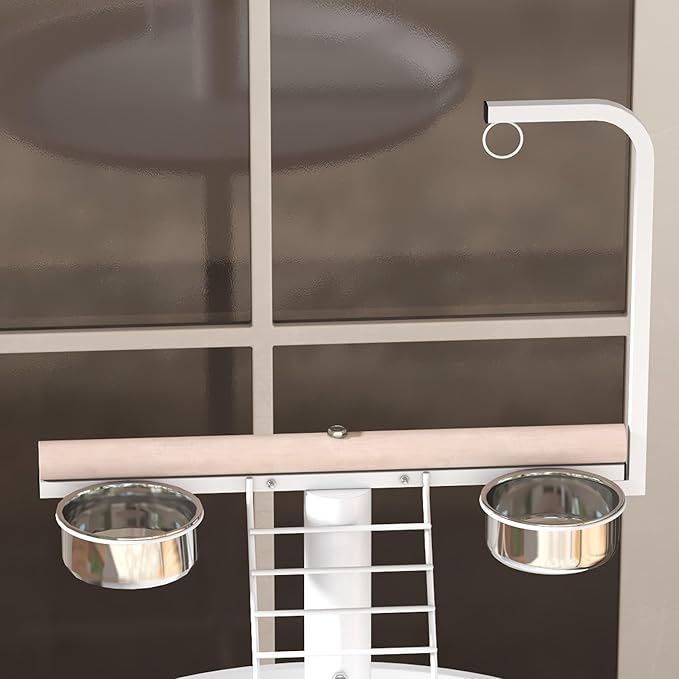 PawHut Bird Stand, Parrot Stand with Wheels, Perches, Stainless Steel Feed Bowls, Round Tray, Bird Play Stand for Indoor Outdoor, White
