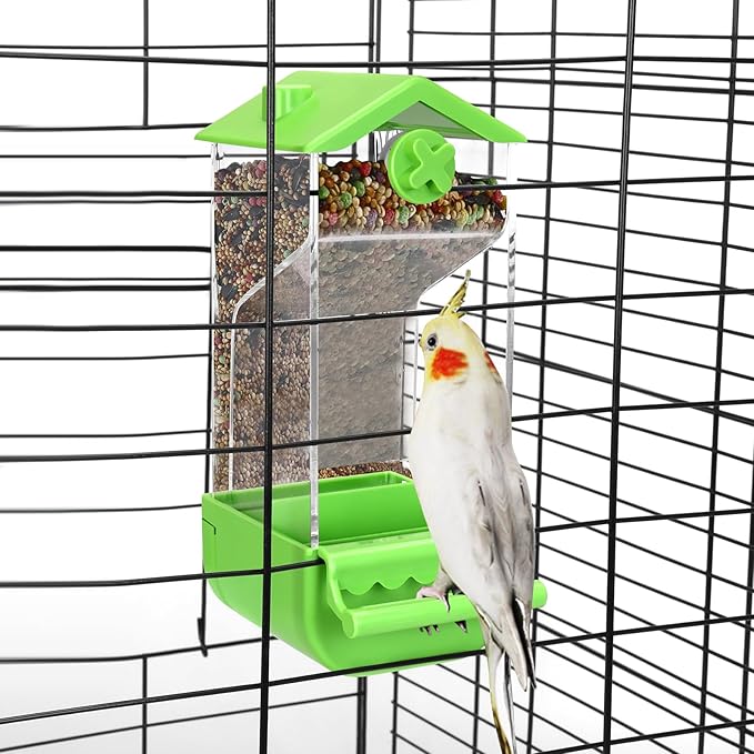 Yummy Sam Automatic Bird Feeder with Perch for Cage, No Mess Acrylic Transparent Bird Cage Feeder, Parrot Seed Feeders Food Container Cage Accessories for Small Medium Birds Parrot Cockatoo Canary
