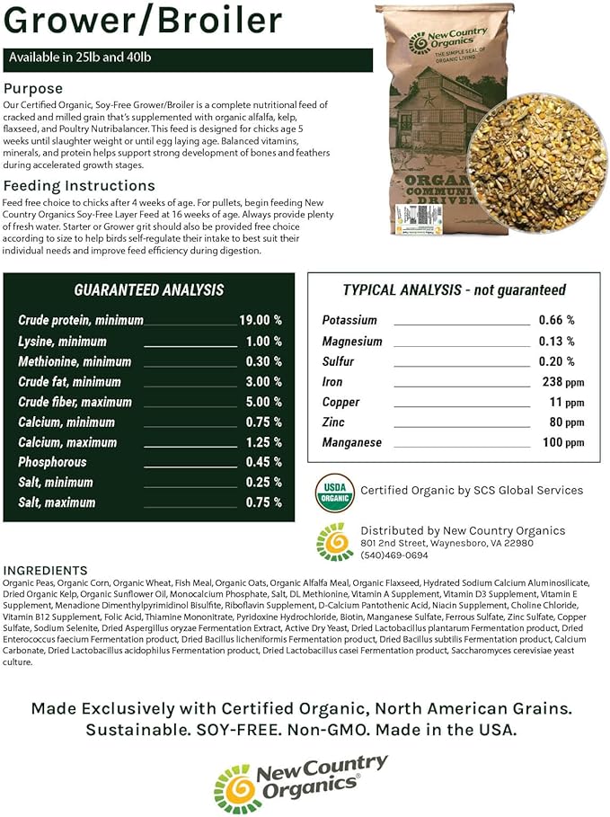 New Country Organics | Organic Grower/Broiler Feed for Growing Chickens | Soy-Free | 19% Protein | Certified Organic and Non-GMO | 40 lbs