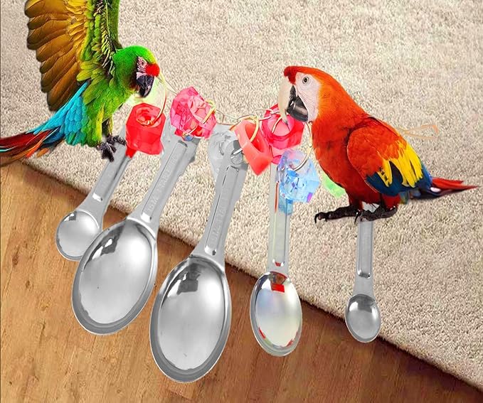 Bird Chew Toys, Shiny Stainless Steel Spoon and Colorful Acrylic Rings Cage Toys, for Medium Large Macaws Parakeets Cockatoos Amazon Conures Budgie Lovebirds Finches African Grey Parrot