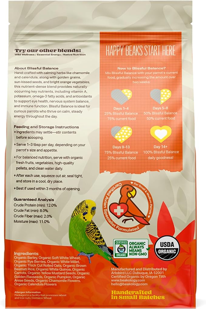 Blissful Balance Organic Parakeet Food, USDA Certified, Non-GMO, for Parakeets and Budgies, 1 lb