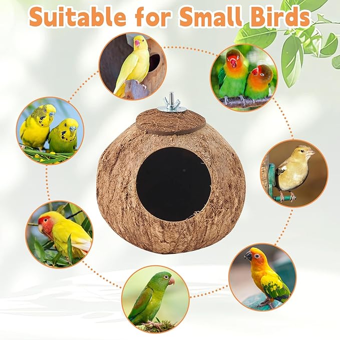 Coconut Bird Nest for Cage Natural Coconut Shell Birds House 2 Pack Parakeet Small Coconut Hide Breeding Hut Bird Cage Accessories for Parrot Lovebirds Budgies Cockatiel Conure Finch Canary